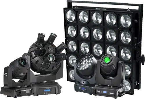 Spotlights, moving heads, light projectors, panels, and professional lighting equipment