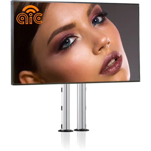 High brightness and temperature screen on a double stand with an ad featuring a girl