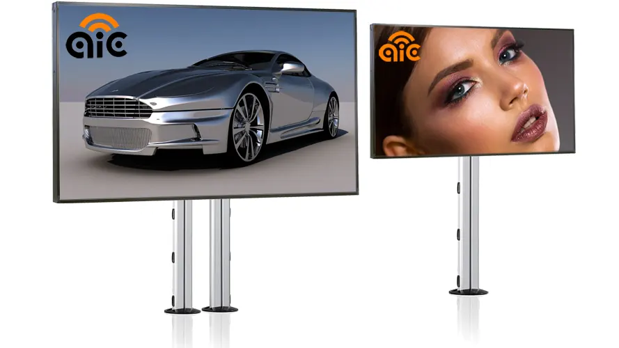 High brightness and temperature screen showing an OUVER screen with the image of a car, with floor stands