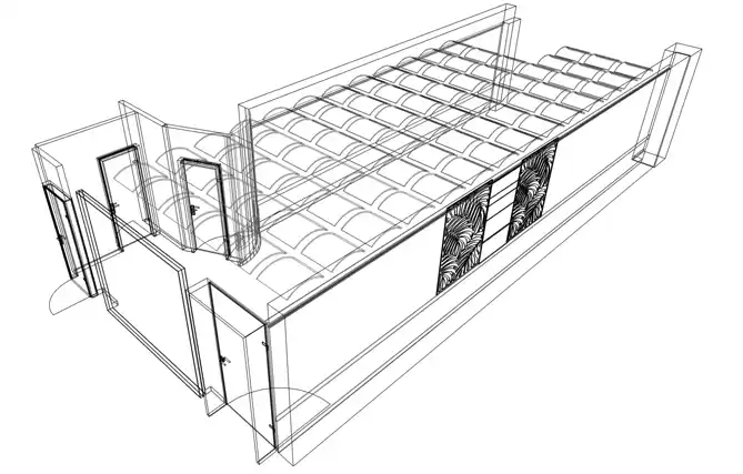 Plano 3D con acondicionamiento acústico en techo y paredes realizado por VisualPlanet