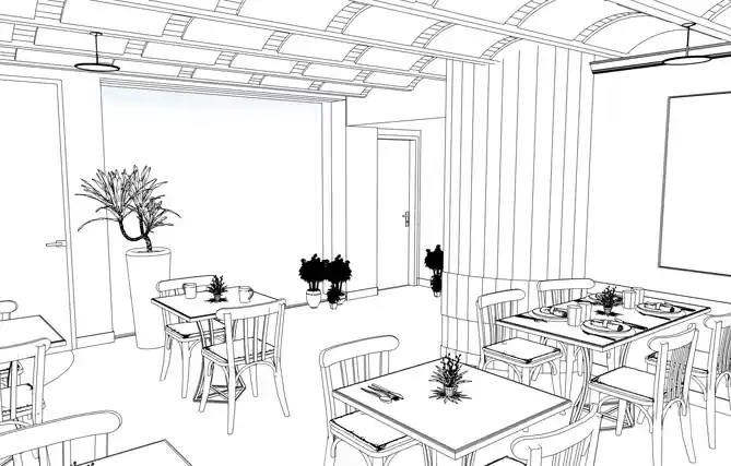 Vista 3D de aislamiento acústico en techos y paredes, además de mobiliario y la decoración realizada por VisualPlanet